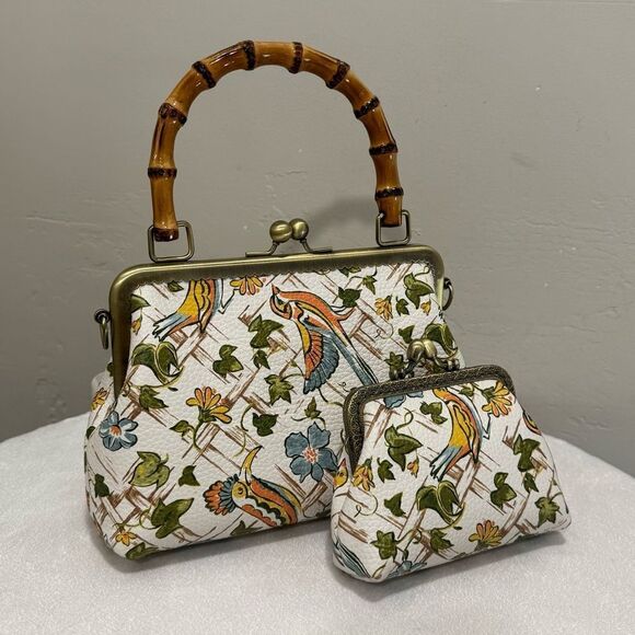Floral Print Premium Cowhide Handmade Real Bamboo Handle Kisslock Handbag Set - Picture 6 of 16